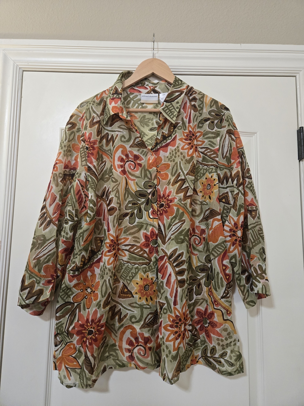 Alfred Dunner Olive Green Floral Button-Down with Orange Accents Semi Sheer